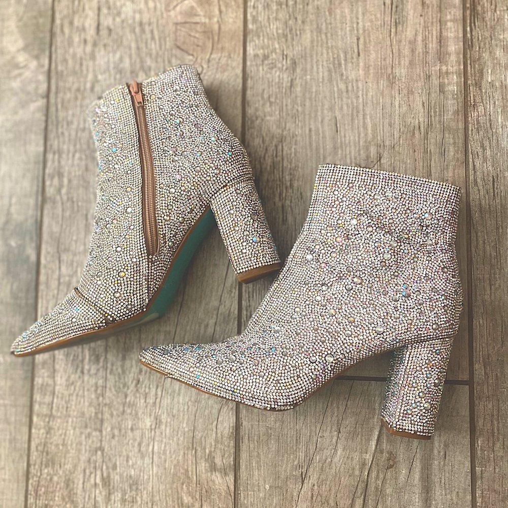 Betsey Johnson clear & AB rhinestone booties, Cady style